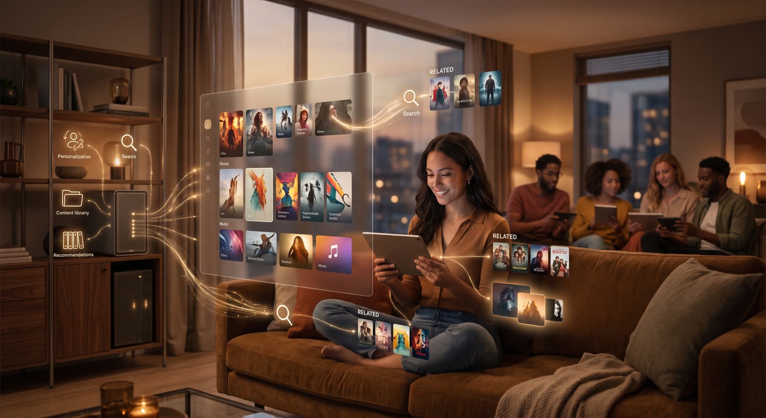 A viewer browsing a content library, with search, personalisation and recommendations feeding what appears on screen