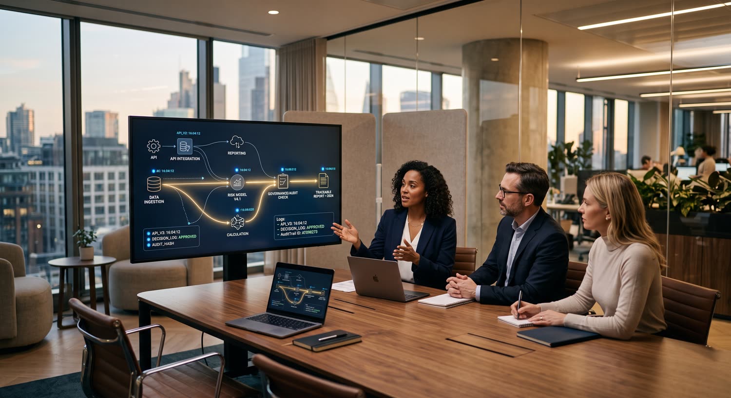 A governance and audit flow — data ingestion, risk model, audit check and traceable report — on screen in a boardroom review