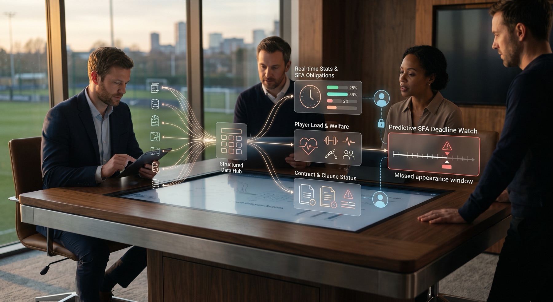 Club staff around a touchscreen table, with the information a loan generates scattered across separate feeds: stats and SFA obligations, player load and welfare, contract and clause status, and an alert on a missed appearance window
