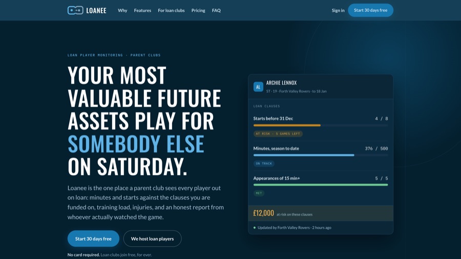 The Loanee dashboard showing a loaned player's clause progress, minutes played and the fee at risk
