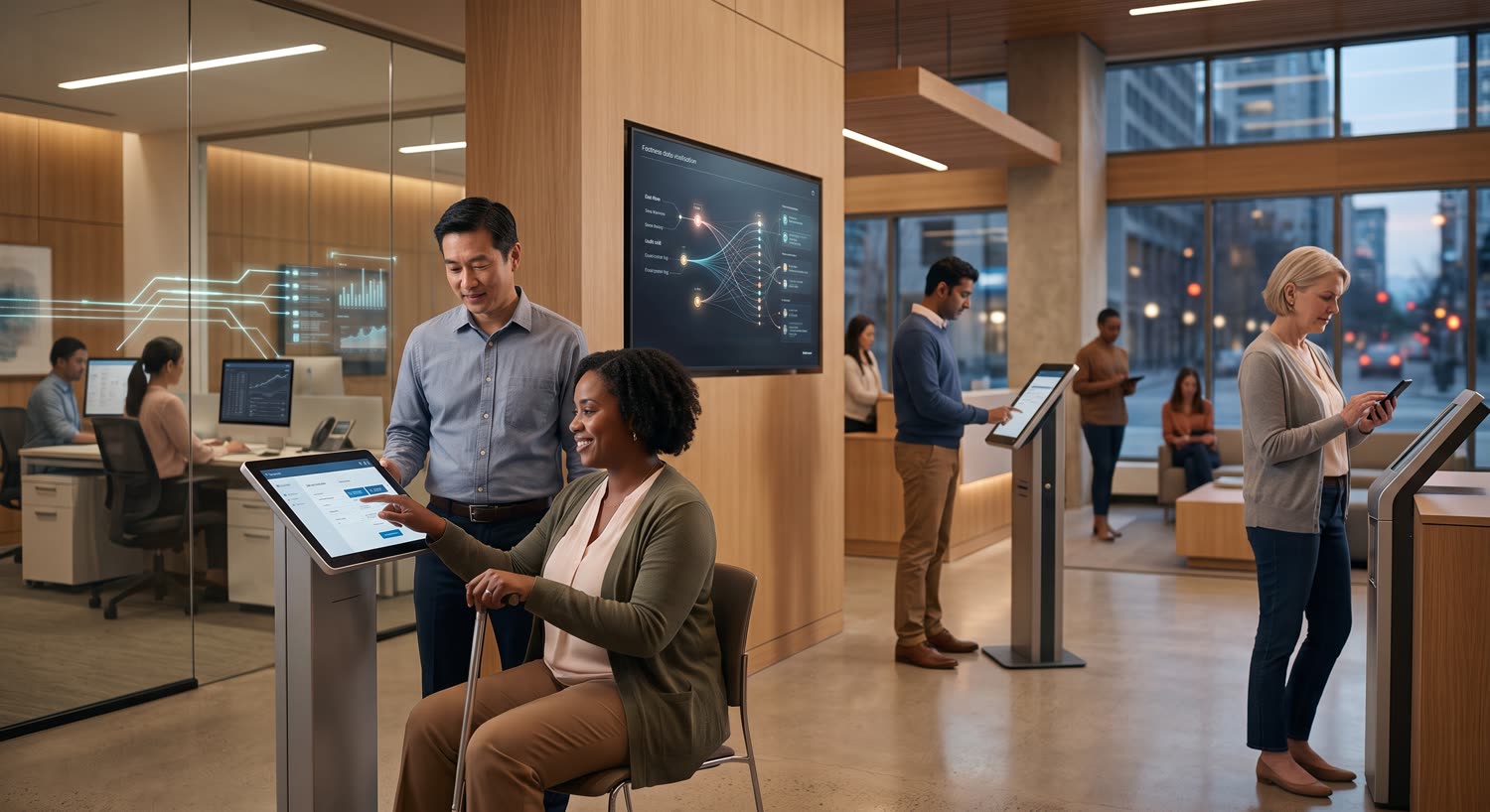 A staff member helping a seated wheelchair user complete a service at an accessible touchscreen kiosk, with others using the service independently