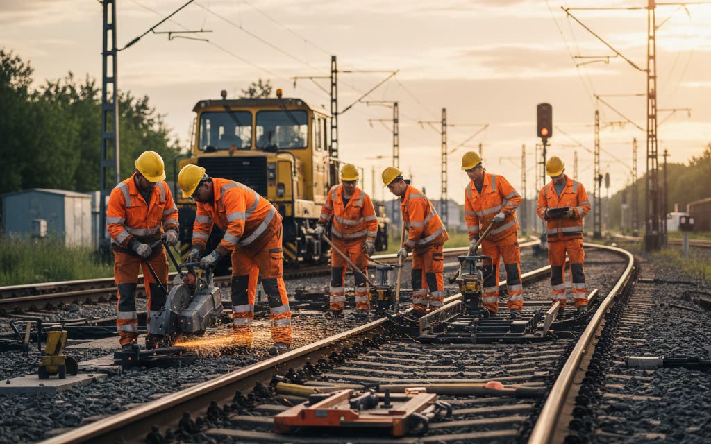 Track workers carrying out maintenance on a rail line at dusk
