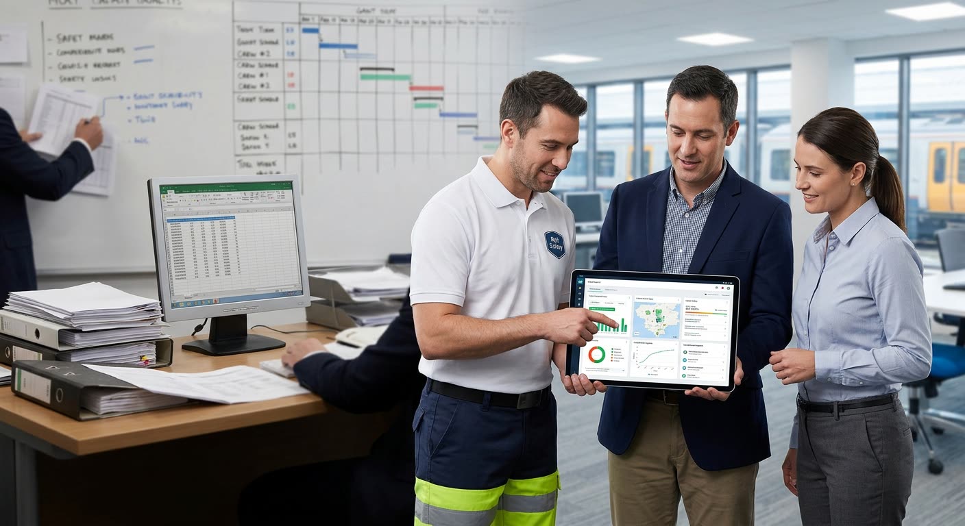 Rail staff reviewing fatigue data on a tablet beside stacked ring binders, printed rosters and a spreadsheet on a desktop monitor