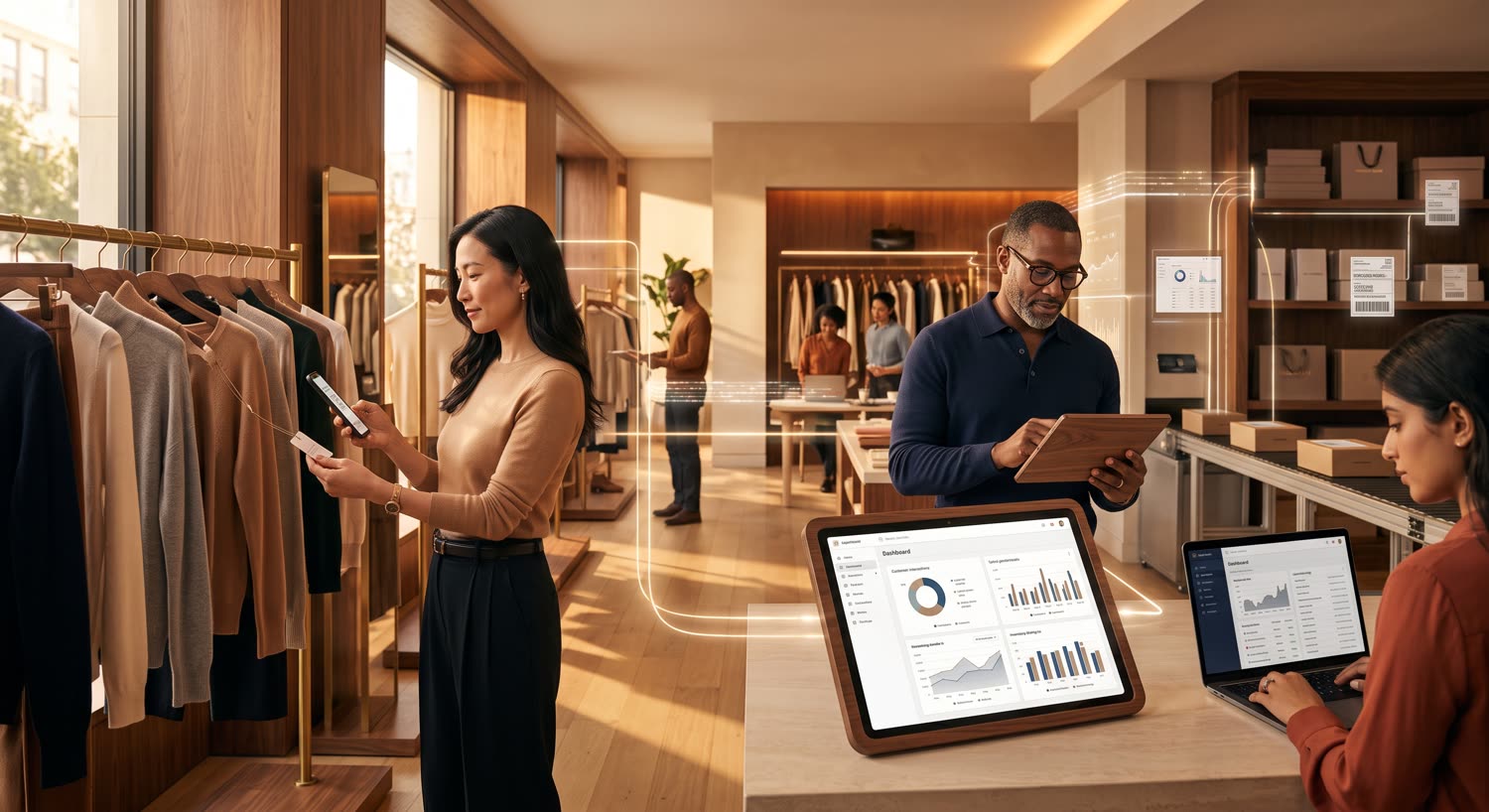 A shop floor where a customer scans a product, a manager reviews stock on a tablet and fulfilment runs behind, all reading from the same dashboards