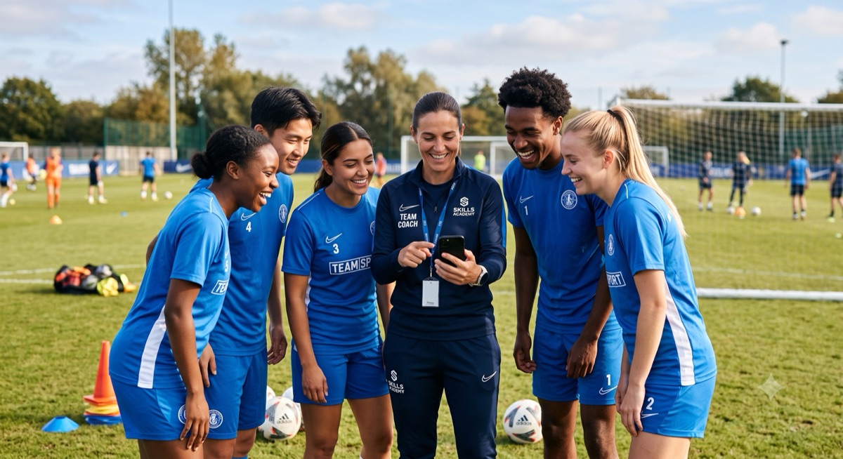 A volunteer coach showing the club app on a phone to smiling players at training