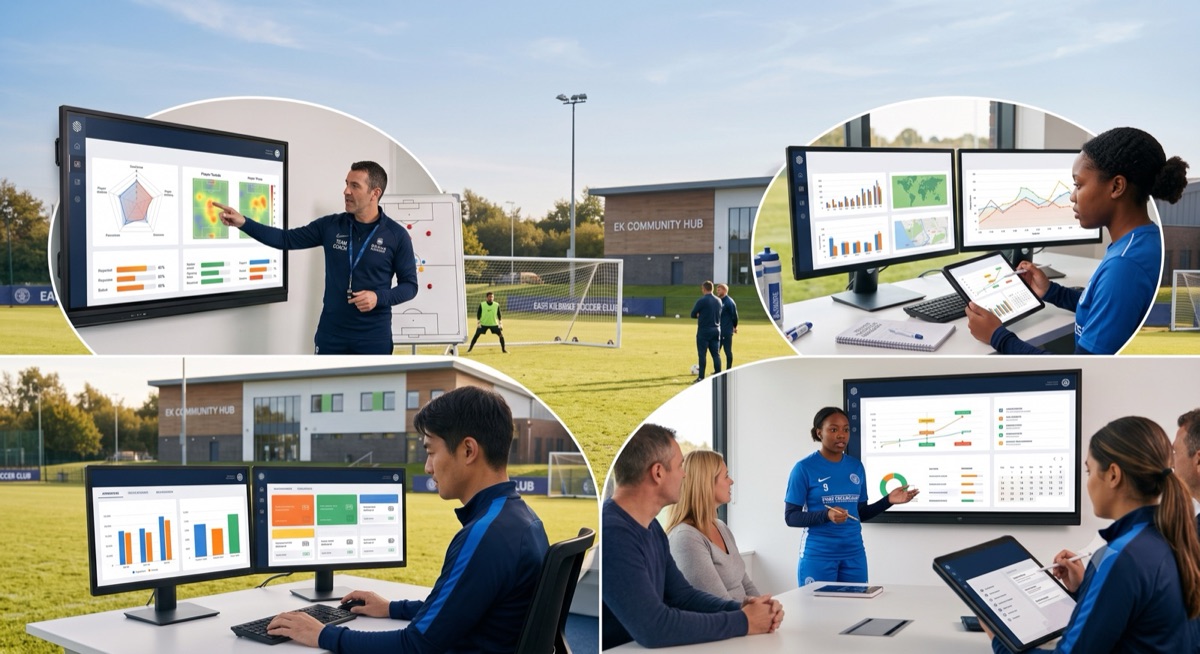 Coaches, analysts and club staff using performance dashboards on screens and tablets