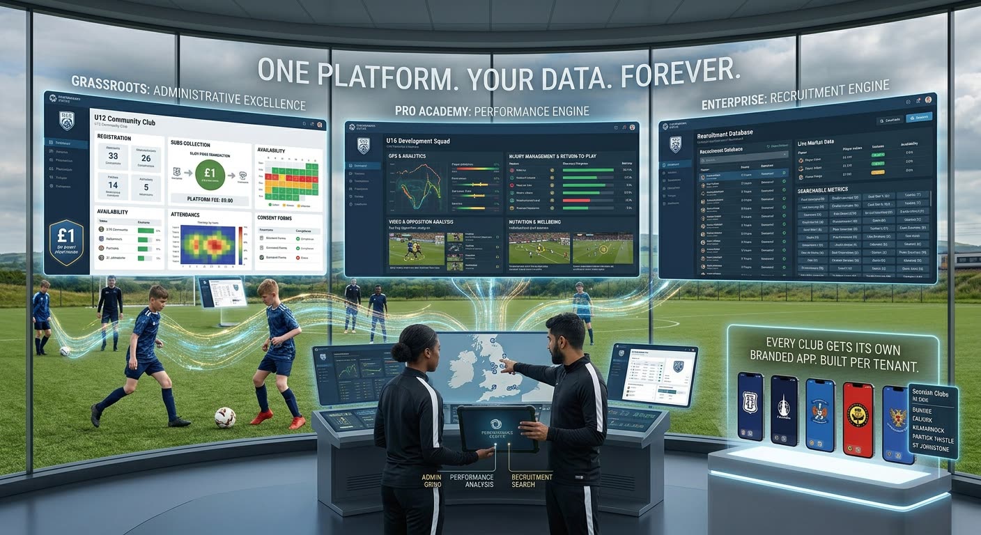 Grassroots administration, pro academy performance analysis and the enterprise recruitment engine, with each club's own branded app